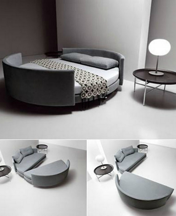 Круглая кровать, которую можно раздвинуть и превратить в два небольших дивана.