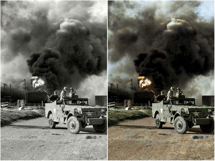 Вооруженные войска блокируют дорогу около взрыва на нефтяной фабрике, Техас, 17 апреля 1947.