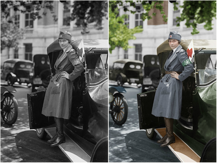 Женщина-водитель автомобиля красного креста, 1917 год.