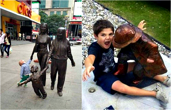 Позитивные снимки детей со статуями.