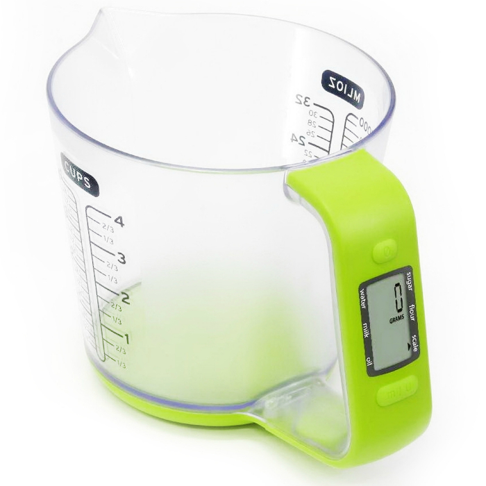 Мерный стакан со встроенными цифровыми весами, который позволит измерять объем и вес.