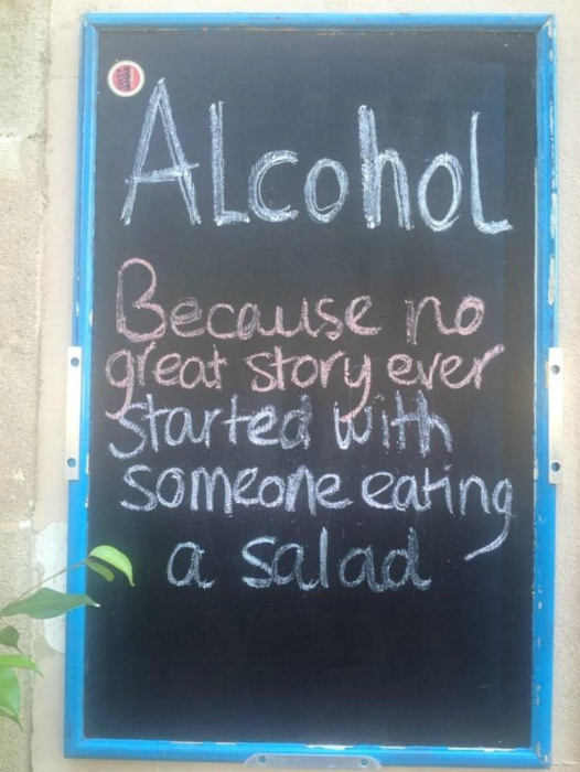 Алкоголь. Так как, ни одна великая история не начиналась с поедания салата.