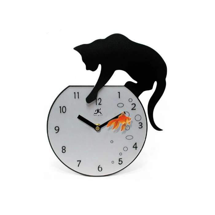 Забавные часы в виде аквариума с золотой рыбкой, которую пытается поймать черный кот.