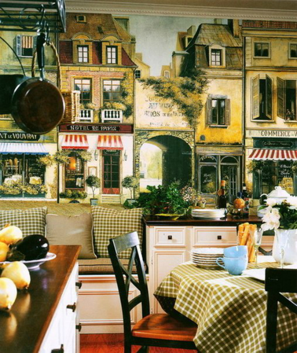 Обои с изображением уютной улицы Парижа прекрасно впишутся в интерьер столовой.
