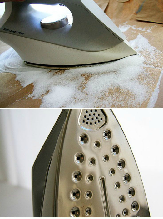 Очистить подошву утюга от нагара поможет обычная поваренная соль.