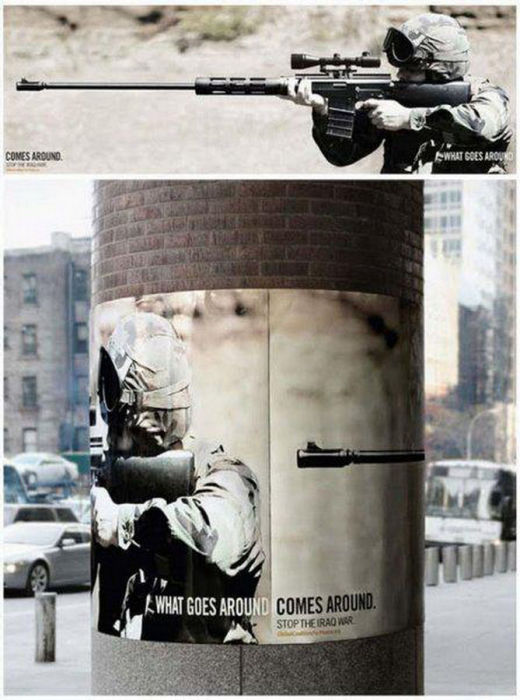 Плакат против насилия, который предупреждает, что карма настигнет каждого, кто творит зло.