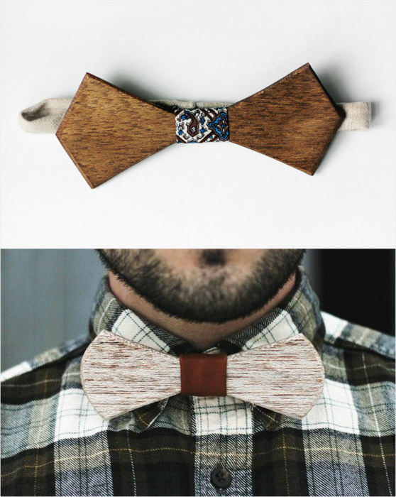 Стильный галстук-бабочка из небольшого кусочка фанеры и ткани.