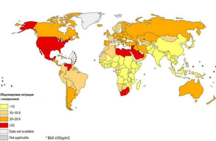 Карта, демонстрирующая степень ожирения в разных странах мира.