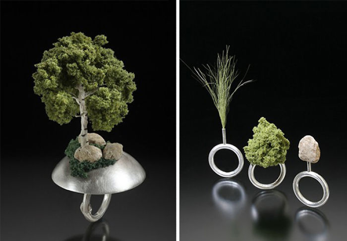 Дизайнерские кольца с миниатюрными деревьями и травами.