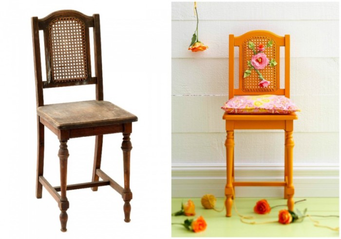 Потертый стул приобрел новую жизнь благодаря яркому цвету.