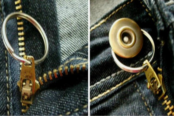 Обыкновенное кольцо от брелка поможет зафиксировать молнию на джинсах или брюках.