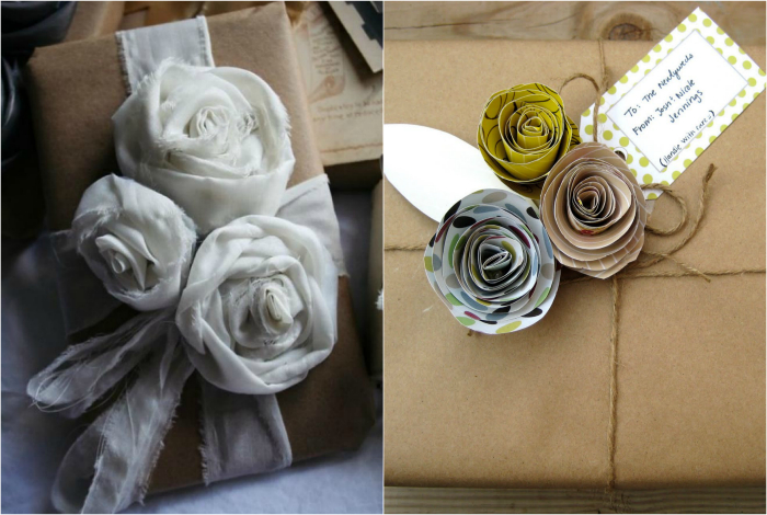 Украсить подарочные упаковки можно с помощью роз, сделанных из бумаги или ткани.