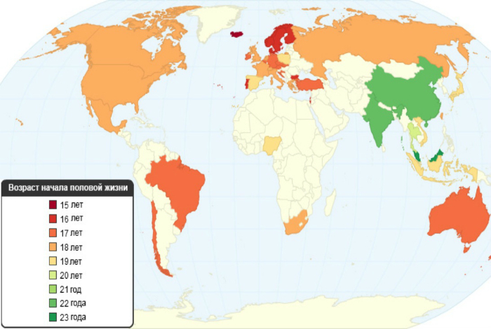 Карта, демонстрирующая средний возраст начала половой жизни в странах мира.