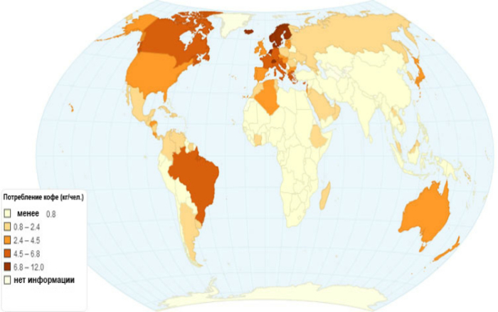 Карта, демонстрирующая количество потребления кофе в странах мира.