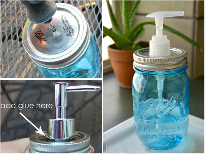 Удобный дозатор для мыла можно сделать своими руками из обыкновенной стеклянной банки с крышкой.