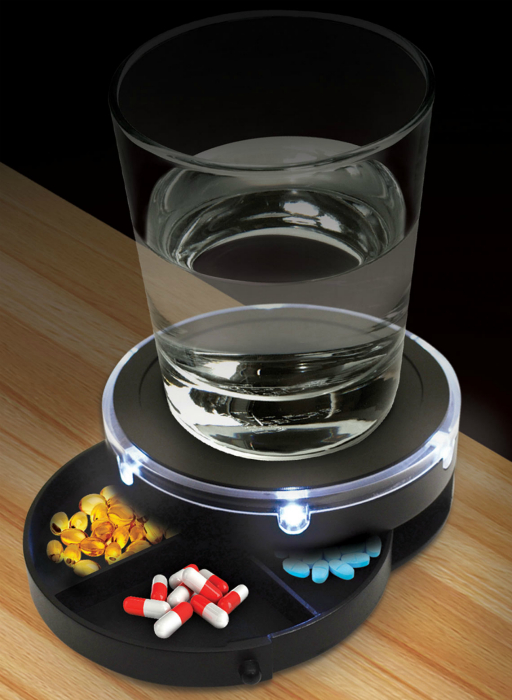 Подставка под стакан с отделением для таблеток и мягкой подсветкой, которая включается легким прикосновением.