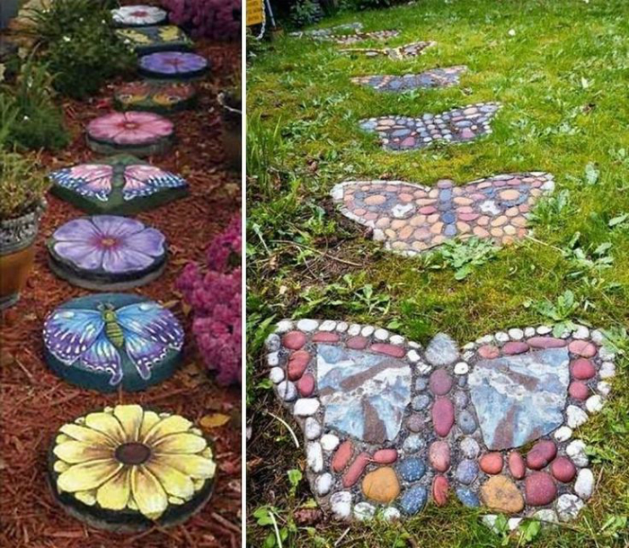 Дорожки из разноцветных камней, выложенных в виде бабочек и цветов.