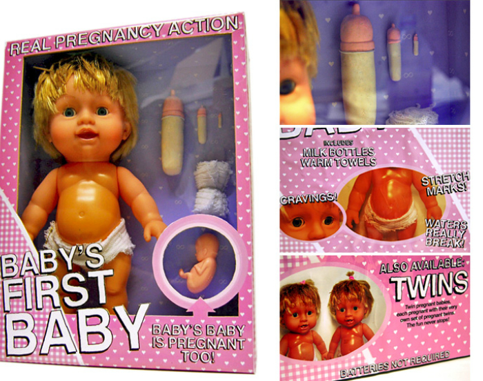 Кукла-младенец продается в комплекте с эмбрионом, полотенцем и бутылочкой.