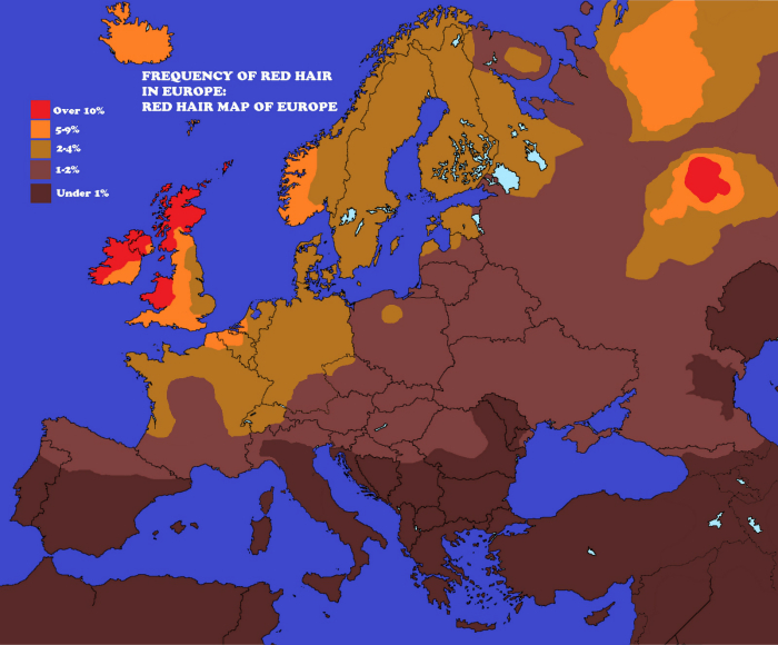 Карта расселения рыжеволосых людей на территории Европы.
