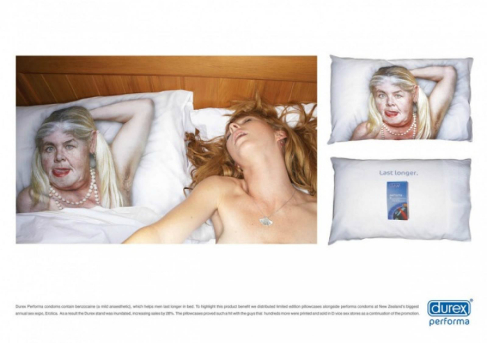 Подушка «Durex» с изображением не слишком симпатичной девушки.