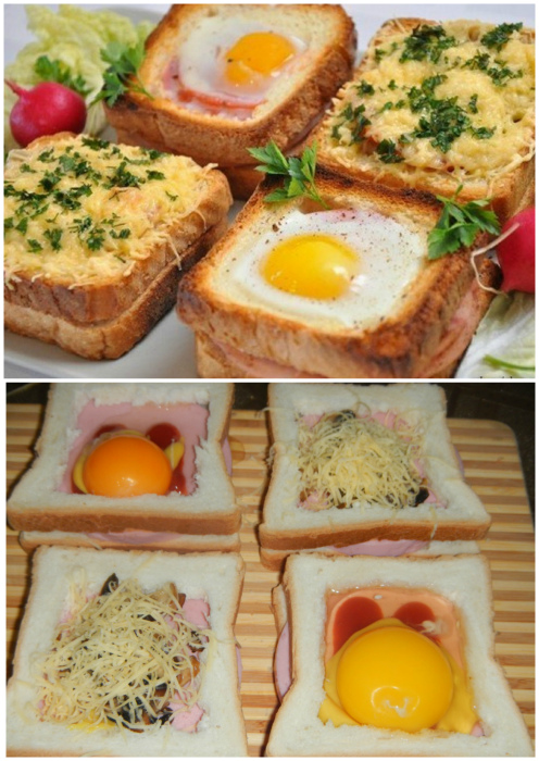 Бутерброды с яйцом и грибами, запеченные в духовке.