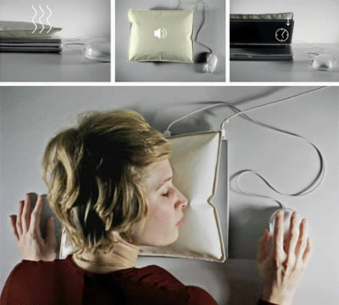 Музыкальная подушка для людей, которые много времени проводят за компьютером. Подушка крепится к верхней крышке ноутбука и надувается, когда на нее кладут голову. 
