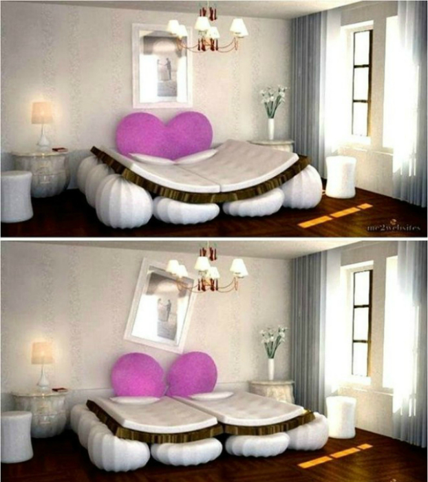 Оригинальная кровать на надувных опорах, подкачивая которые можно соединить два ложа вместе или разделить их.