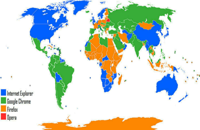 Карта популярности веб-браузеров в мире.