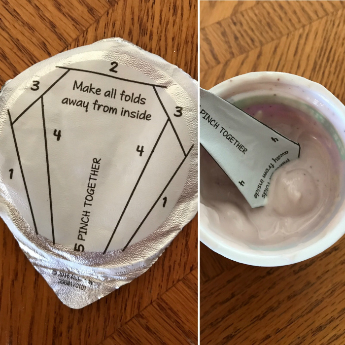 Крышка йогурта, превращающаяся в ложку.