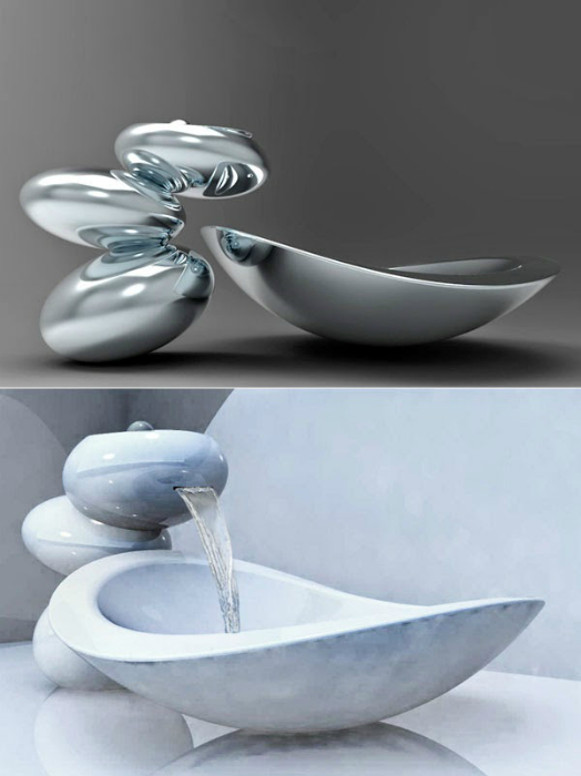 Раковина от дизайнера Omer Sagiv в виде керамических камней, из которых льется вода.