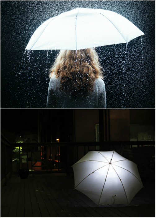 Потрясающий зонт, который использует энергию дождя, превращая ее в электроэнергию, благодаря которой подсвечивается поверхность зонта.