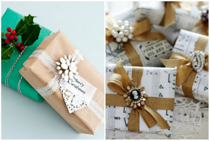 Используйте броши, заколки, бусины и камни для украшения новогодних подарков.