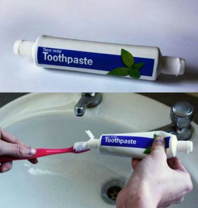 Двухсторонний тюбик зубной пасты.