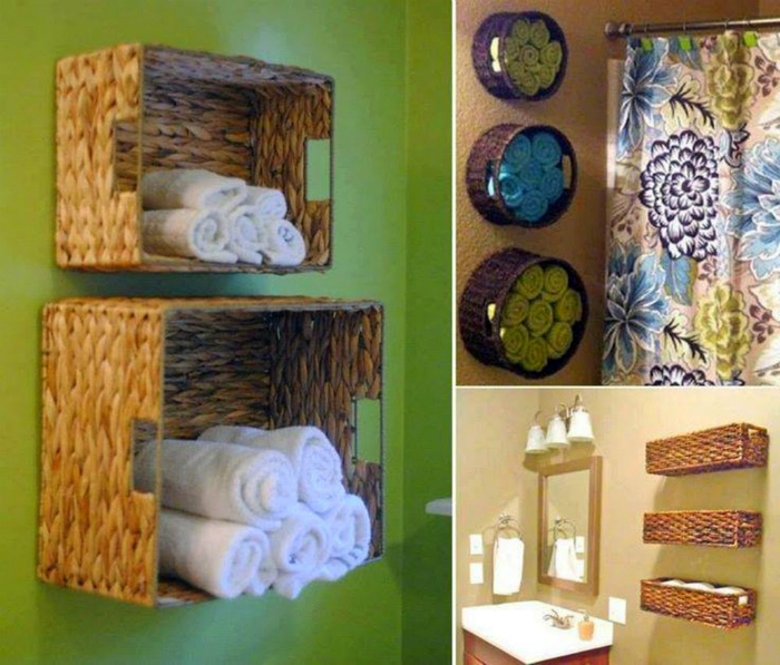 Банные полотенца можно хранить в плетенных корзинах, прикрепленных к стене.