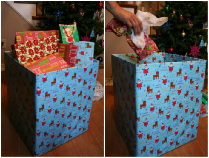 Чтобы не портить атмосферу праздника невзрачным мусорным ведром, сделайте праздничный контейнер из большой картонной коробки и оберточной бумаги.