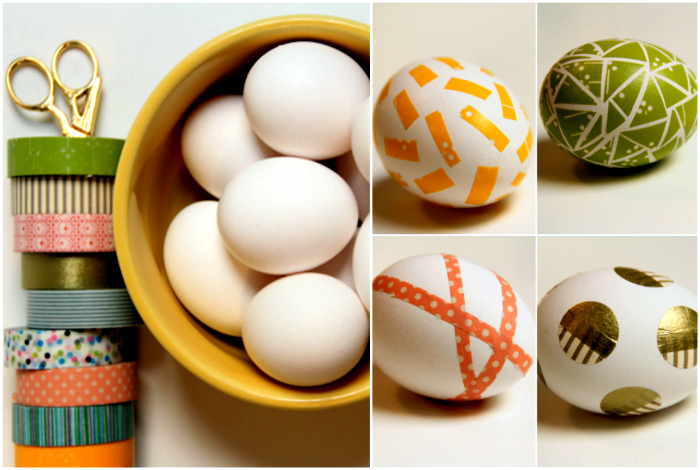 Яйца, декорированные цветным скотчем.