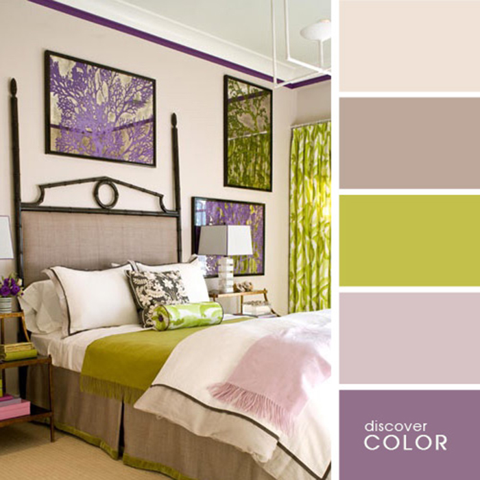 Обои нежного сиреневого цвета идеально подойдут для стен спальни, а зеленые элементы декора добавят комнате свежести.