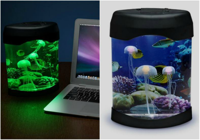 Потрясающая настольная лампа в виде небольшого аквариума с медузами.