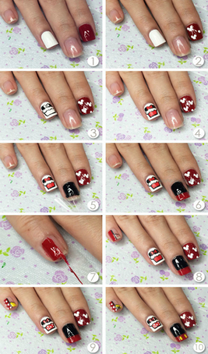 Красно-черный дизайн ногтей в стиле Микки Маус.