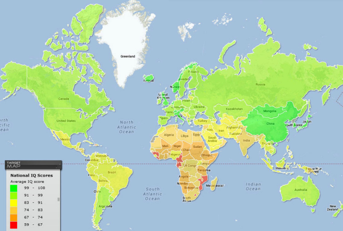 Карта интеллектуального развития жителей разных стран.