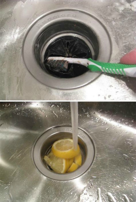 Чтобы хорошо очистить раковину и избавится от микробов, используйте соду и кусочки лимона.