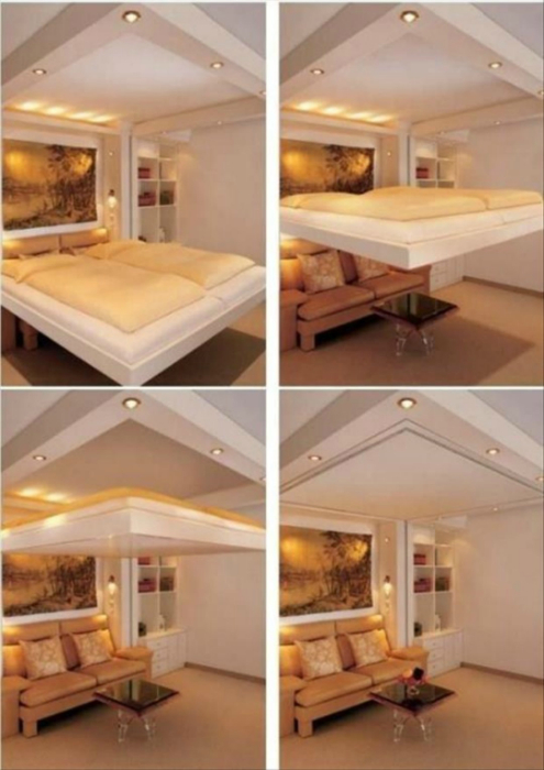 Кровать, которая компактно складывается в нишу под потолком.