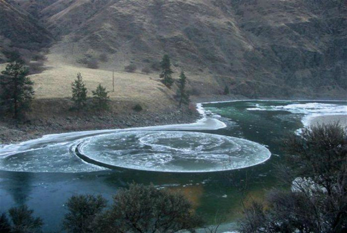 Идеально ровные ледяные круги на озере.