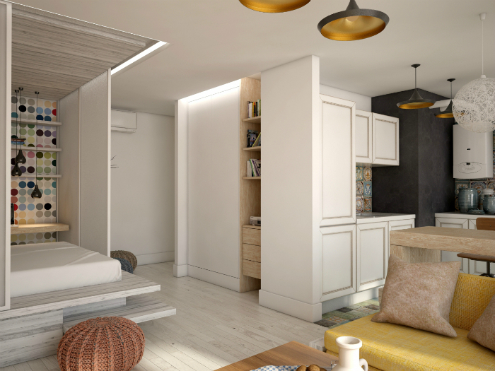Современные идеи дизайна однокомнатной квартиры 44 кв. м