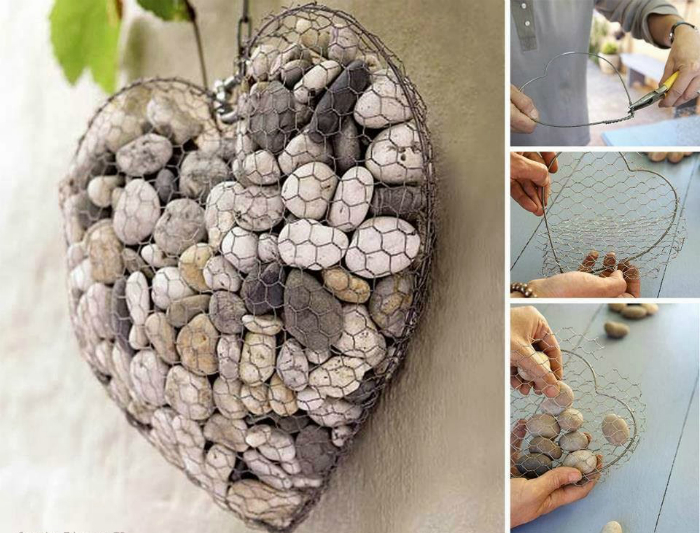 Очаровательное украшение в виде сердца из камней, проволоки и металлической сетки.