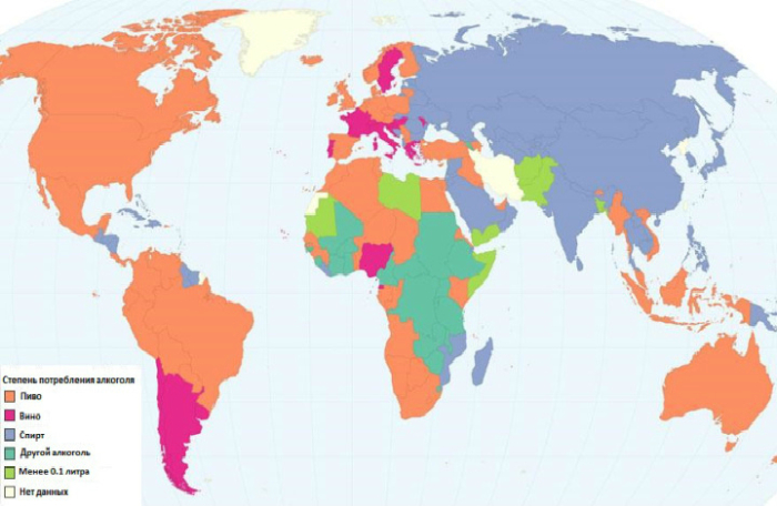 Карта, демонстрирующая алкогольные предпочтения жителей разных стран.