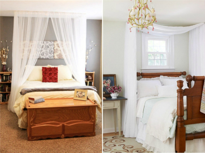 Из светлой легкой ткани можно сделать милые шторки, которые добавят немного романтики спальне.
