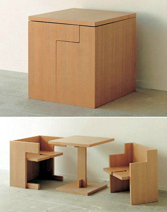 Разборная тумбочка, которая превращается в два стула и стол.