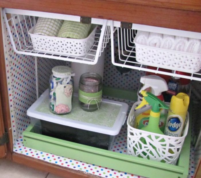 Хранение под раковиной на кухне в угловом шкафу
