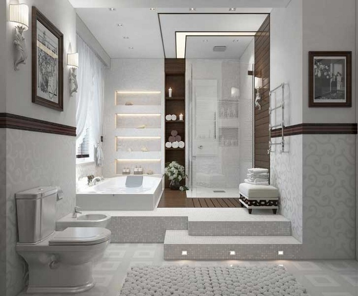 Прекрасный вариант преобразить интерьер комнаты для принятия ванны и душа в светло-серых тонах.